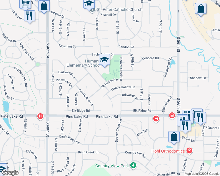 map of restaurants, bars, coffee shops, grocery stores, and more near 4719 Fir Hollow Lane in Lincoln