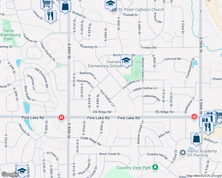 map of restaurants, bars, coffee shops, grocery stores, and more near 6711 Crooked Creek Drive in Lincoln