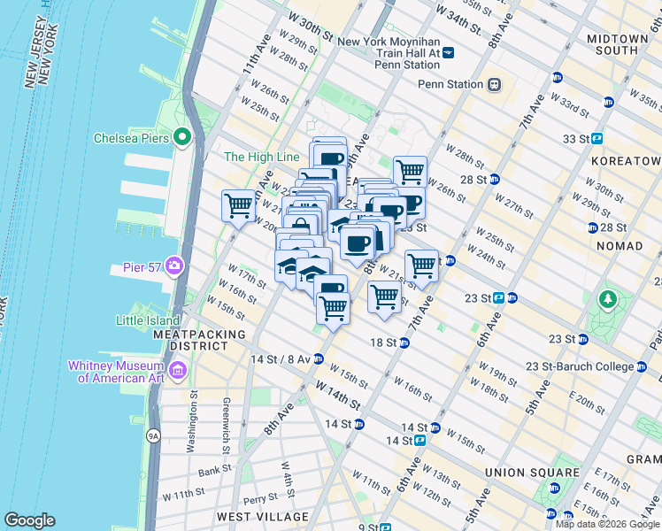 map of restaurants, bars, coffee shops, grocery stores, and more near 334 West 20th Street in New York