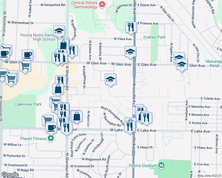 map of restaurants, bars, coffee shops, grocery stores, and more near 4603 Knoxville Avenue in Peoria