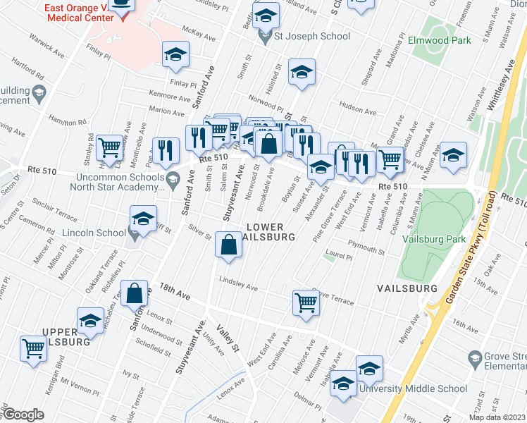 map of restaurants, bars, coffee shops, grocery stores, and more near 68 Brookdale Avenue in Newark