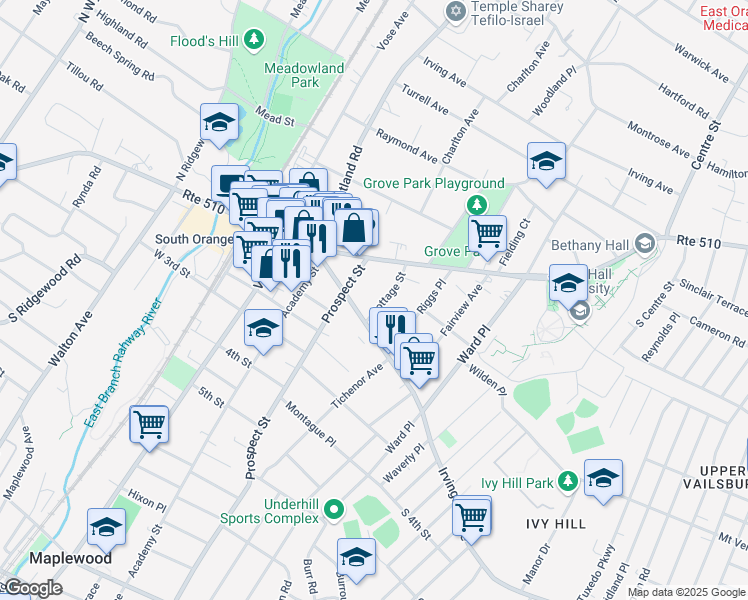 map of restaurants, bars, coffee shops, grocery stores, and more near 43 Cottage Street in South Orange