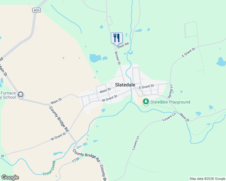 map of restaurants, bars, coffee shops, grocery stores, and more near 4033 Main Street in Slatedale
