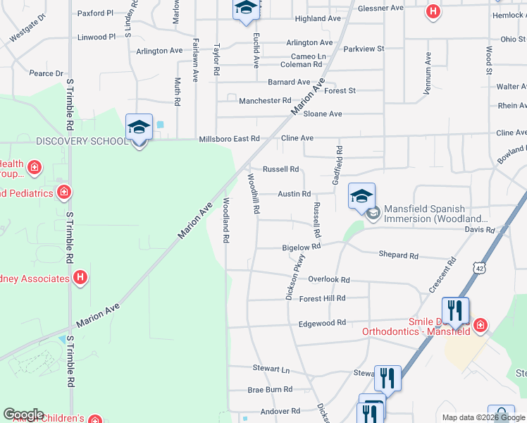 map of restaurants, bars, coffee shops, grocery stores, and more near 530 Woodhill Road in Mansfield