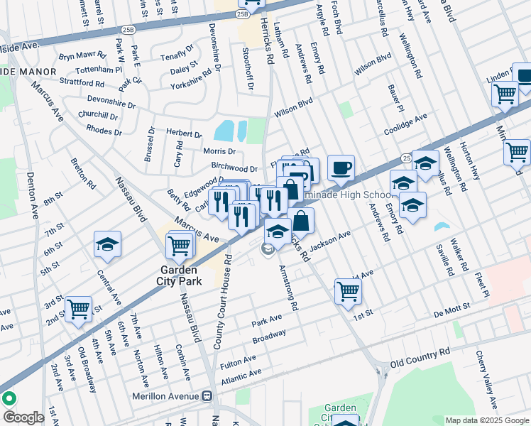 map of restaurants, bars, coffee shops, grocery stores, and more near 2499 Jericho Turnpike in Garden City Park