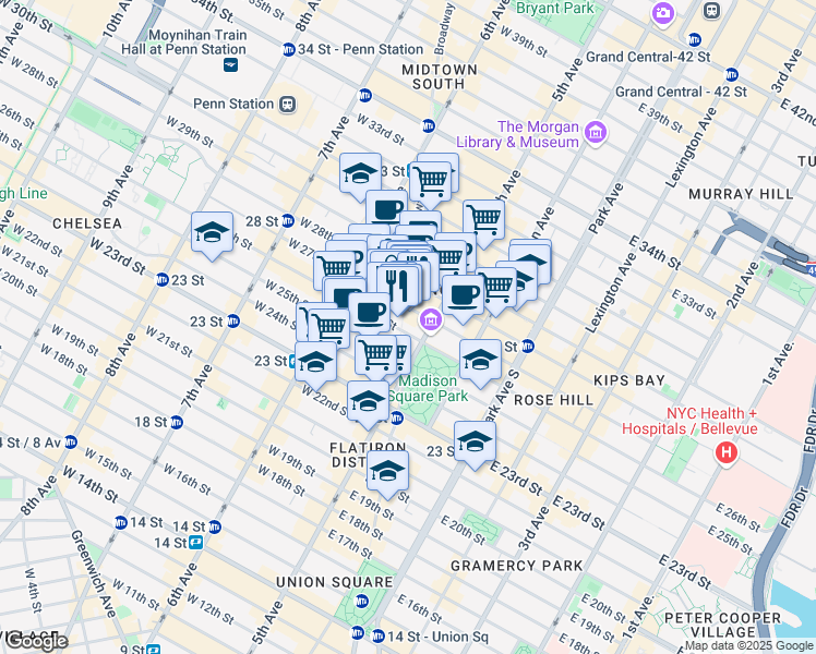 map of restaurants, bars, coffee shops, grocery stores, and more near 1140 Broadway in New York