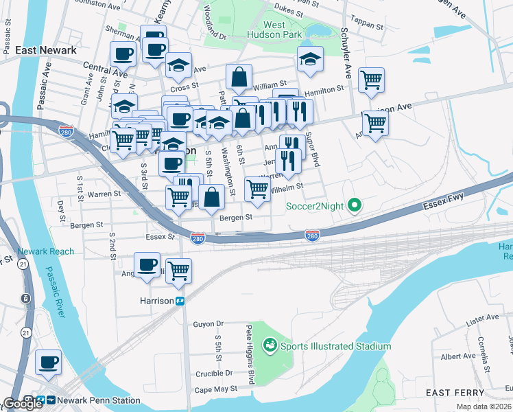 map of restaurants, bars, coffee shops, grocery stores, and more near 608 Wilhelm Street in Harrison