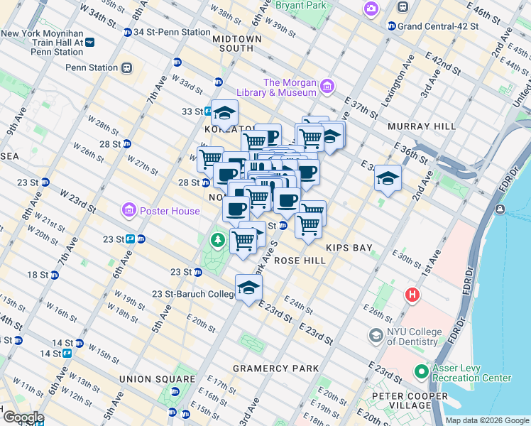 map of restaurants, bars, coffee shops, grocery stores, and more near 79 Madison Avenue in New York