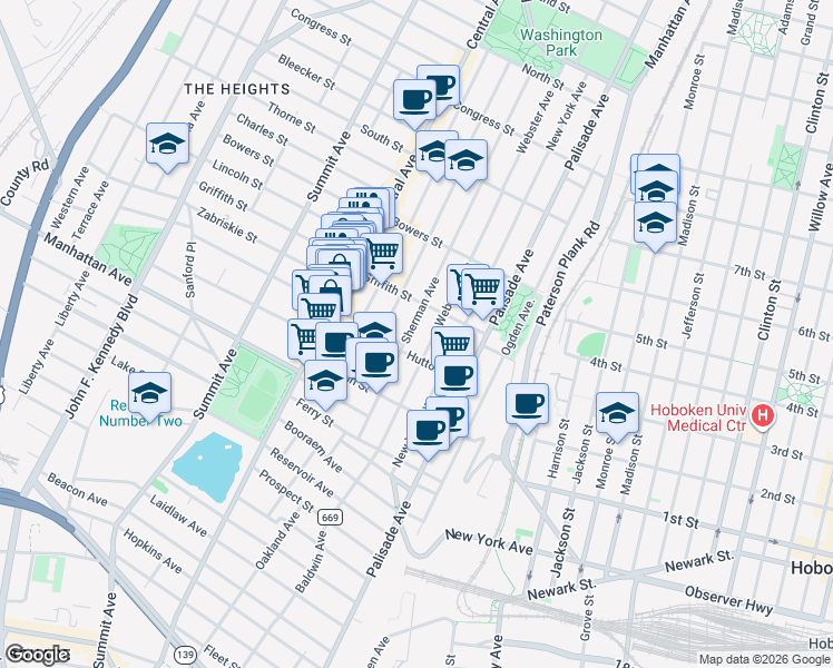 map of restaurants, bars, coffee shops, grocery stores, and more near 62 Hancock Avenue in Jersey City