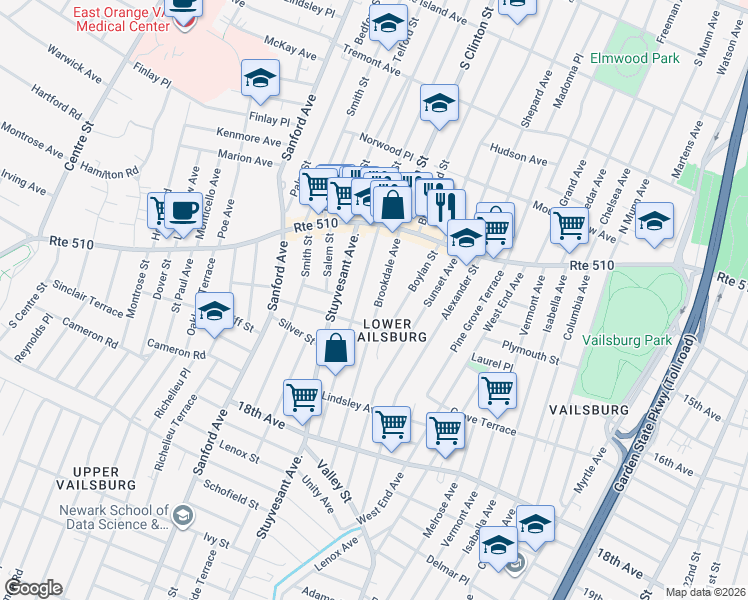 map of restaurants, bars, coffee shops, grocery stores, and more near 52 Brookdale Avenue in Newark