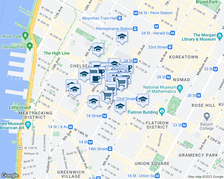 map of restaurants, bars, coffee shops, grocery stores, and more near 225 West 22nd Street in New York