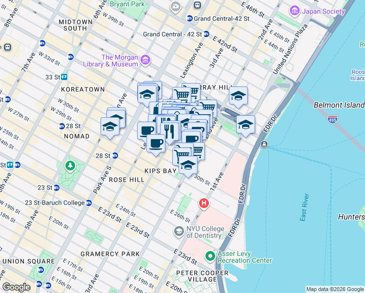 map of restaurants, bars, coffee shops, grocery stores, and more near in New York