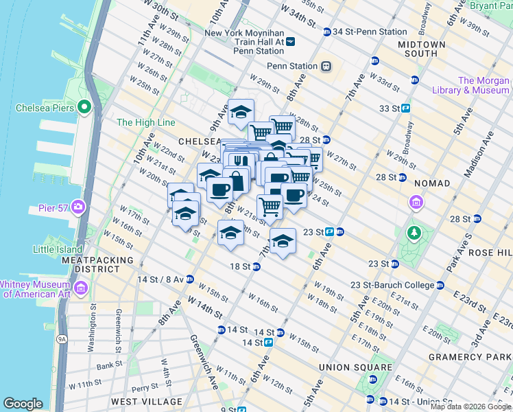map of restaurants, bars, coffee shops, grocery stores, and more near 246 West 22nd Street in New York
