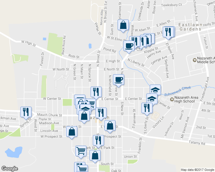 map of restaurants, bars, coffee shops, grocery stores, and more near 127 East Chestnut Street in Nazareth