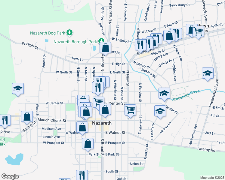 map of restaurants, bars, coffee shops, grocery stores, and more near 127 East Chestnut Street in Nazareth