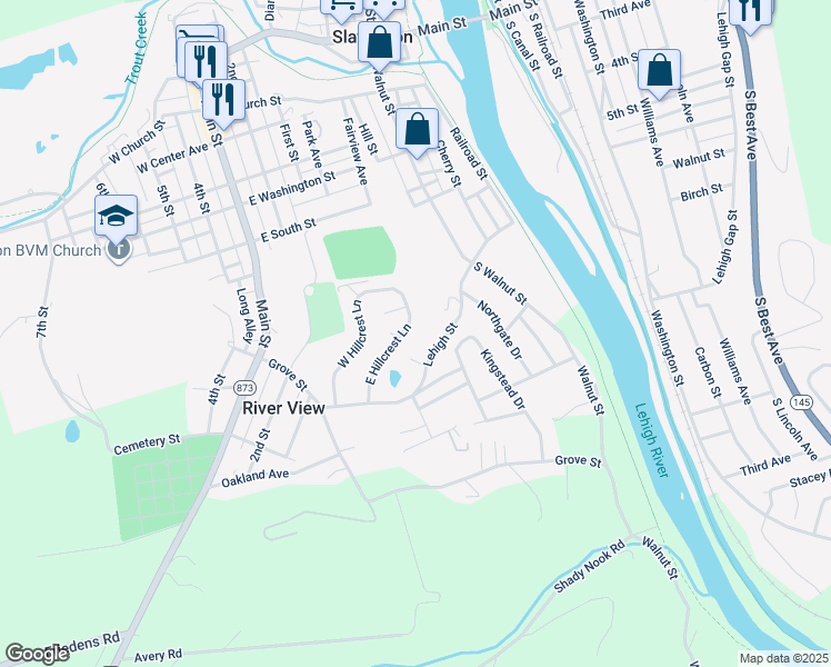 map of restaurants, bars, coffee shops, grocery stores, and more near 7353 East Hillcrest Lane in Slatington