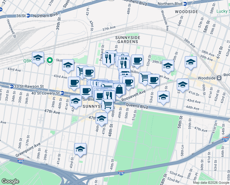 map of restaurants, bars, coffee shops, grocery stores, and more near 47-12 43rd Avenue in Queens