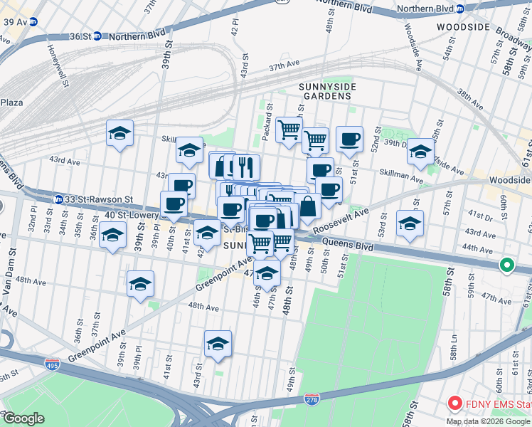 map of restaurants, bars, coffee shops, grocery stores, and more near 43-32 46th Street in Queens