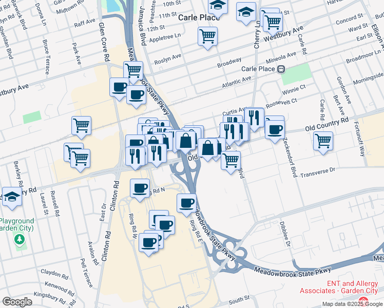 map of restaurants, bars, coffee shops, grocery stores, and more near 239 Old Country Road in Carle Place