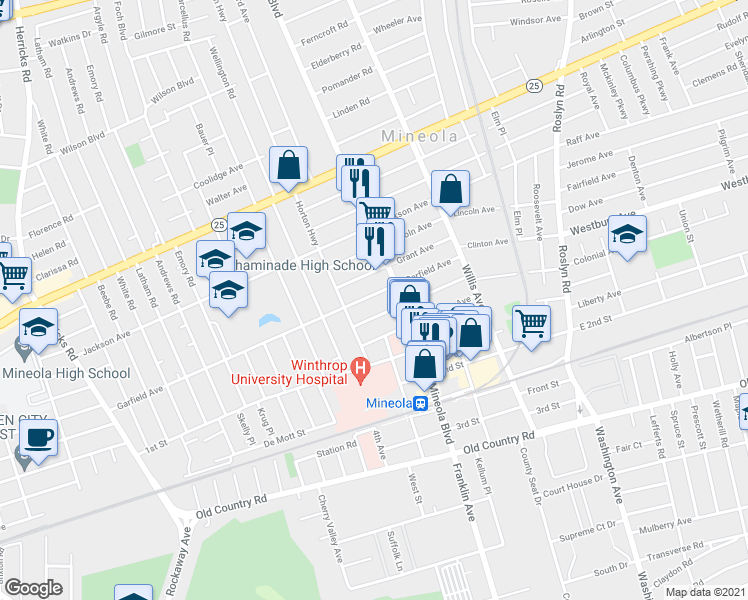 map of restaurants, bars, coffee shops, grocery stores, and more near 229 Garfield Avenue in Mineola
