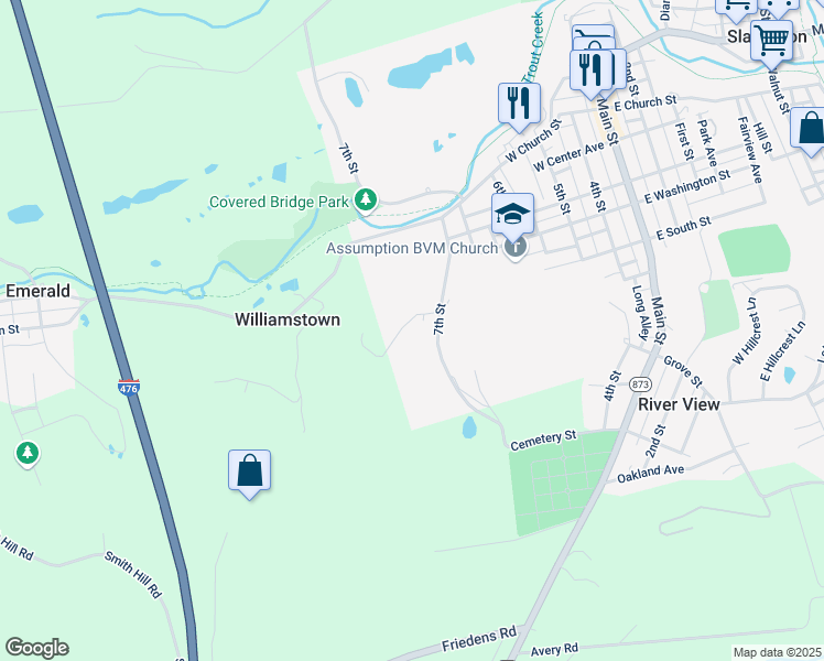map of restaurants, bars, coffee shops, grocery stores, and more near 416 Owl Alley in Slatington