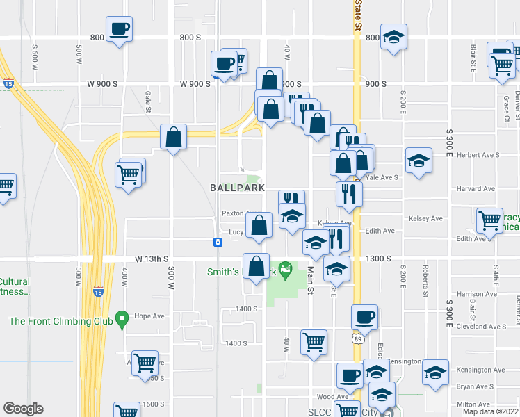 map of restaurants, bars, coffee shops, grocery stores, and more near 1144 South West Temple in Salt Lake City