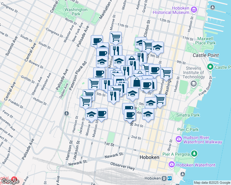 map of restaurants, bars, coffee shops, grocery stores, and more near 533 Adams Street in Hoboken