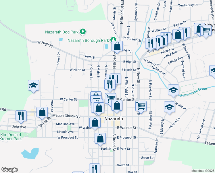 map of restaurants, bars, coffee shops, grocery stores, and more near 125 North Spruce Street in Nazareth