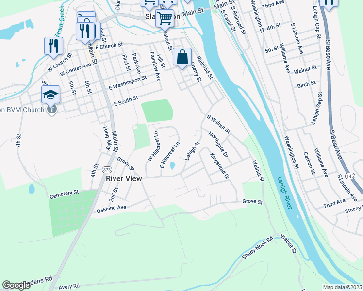 map of restaurants, bars, coffee shops, grocery stores, and more near 7353 East Hillcrest Lane in Slatington
