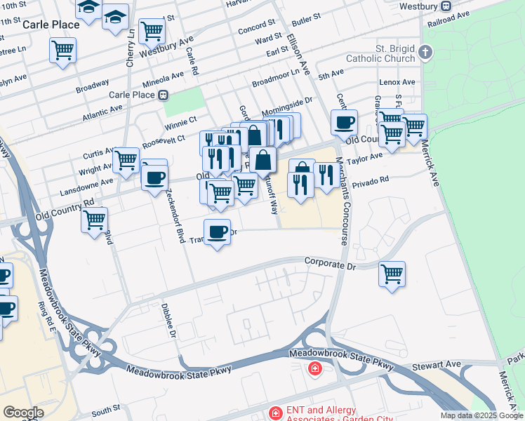 map of restaurants, bars, coffee shops, grocery stores, and more near 1250 Old Country Road in Westbury