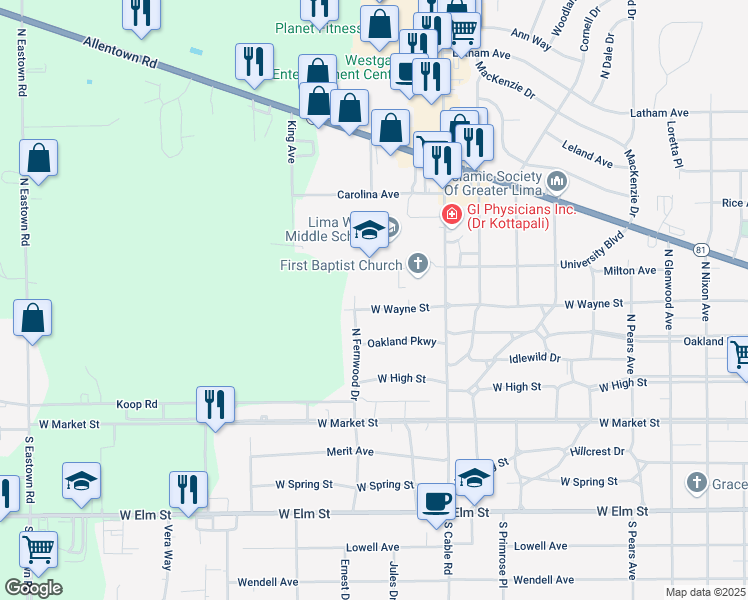 map of restaurants, bars, coffee shops, grocery stores, and more near 2280 West Wayne Street in Lima