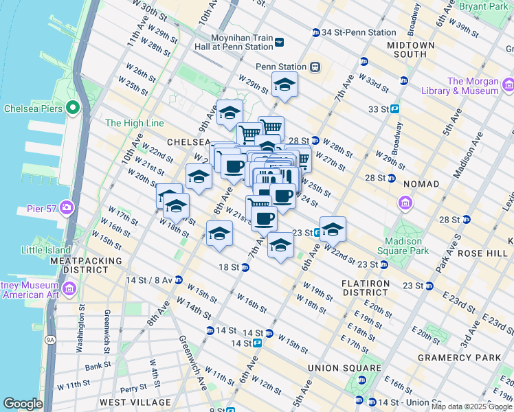 map of restaurants, bars, coffee shops, grocery stores, and more near 235 West 22nd Street in New York