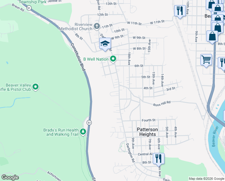 map of restaurants, bars, coffee shops, grocery stores, and more near 10 York Place in Beaver Falls