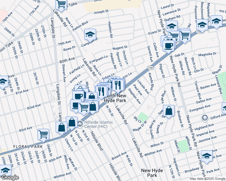 map of restaurants, bars, coffee shops, grocery stores, and more near 8 Wilben Court in New Hyde Park