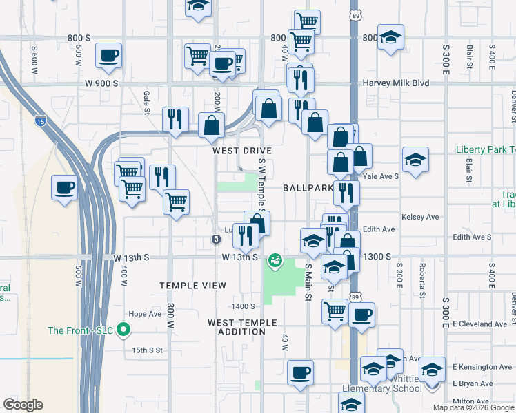map of restaurants, bars, coffee shops, grocery stores, and more near 1144 South West Temple in Salt Lake City