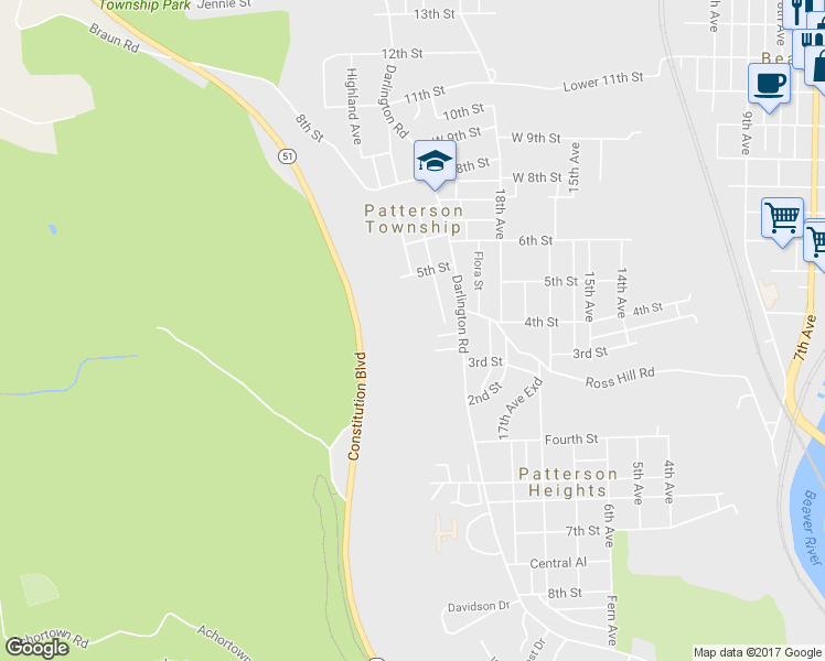 map of restaurants, bars, coffee shops, grocery stores, and more near 303 Wissner Avenue in Beaver Falls