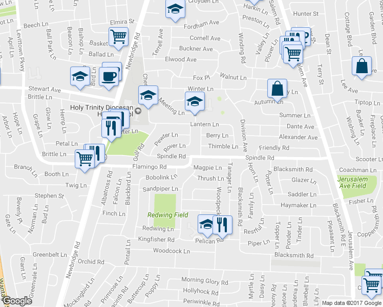 map of restaurants, bars, coffee shops, grocery stores, and more near 61 Spindle Road in Hicksville