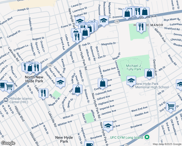 map of restaurants, bars, coffee shops, grocery stores, and more near 10 Ashland Avenue in New Hyde Park