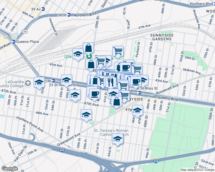map of restaurants, bars, coffee shops, grocery stores, and more near 41-1 Queens Boulevard in Queens