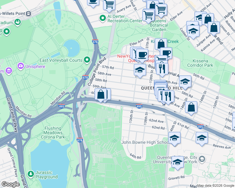 map of restaurants, bars, coffee shops, grocery stores, and more near 132-55 59th Avenue in Queens