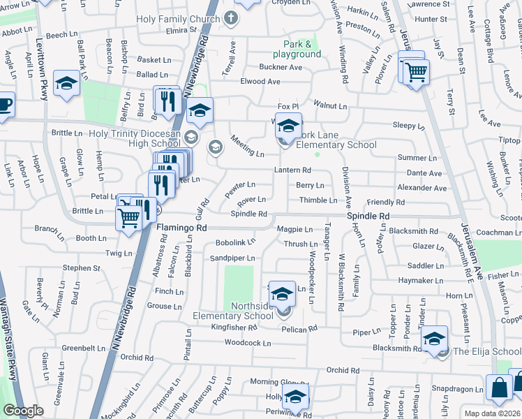map of restaurants, bars, coffee shops, grocery stores, and more near 34 Rover Lane in Hicksville