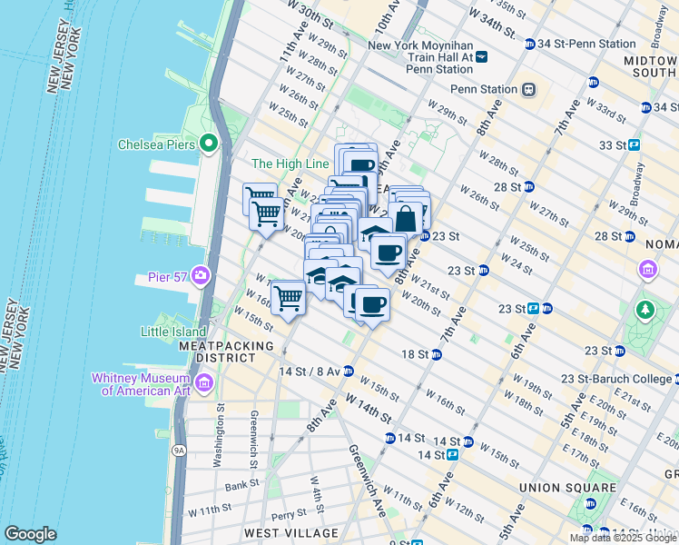 map of restaurants, bars, coffee shops, grocery stores, and more near 162 9th Avenue in New York