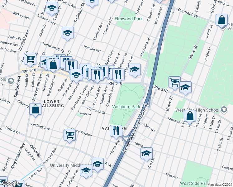 map of restaurants, bars, coffee shops, grocery stores, and more near 33 South Munn Avenue in Newark