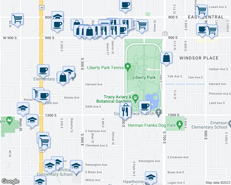 map of restaurants, bars, coffee shops, grocery stores, and more near 1143 South Denver Street in Salt Lake City