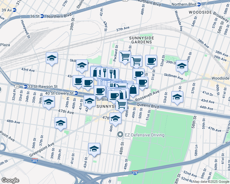 map of restaurants, bars, coffee shops, grocery stores, and more near 43-30 46th Street in Queens