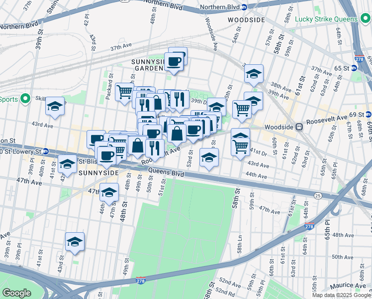map of restaurants, bars, coffee shops, grocery stores, and more near 5217 Roosevelt Avenue in Queens