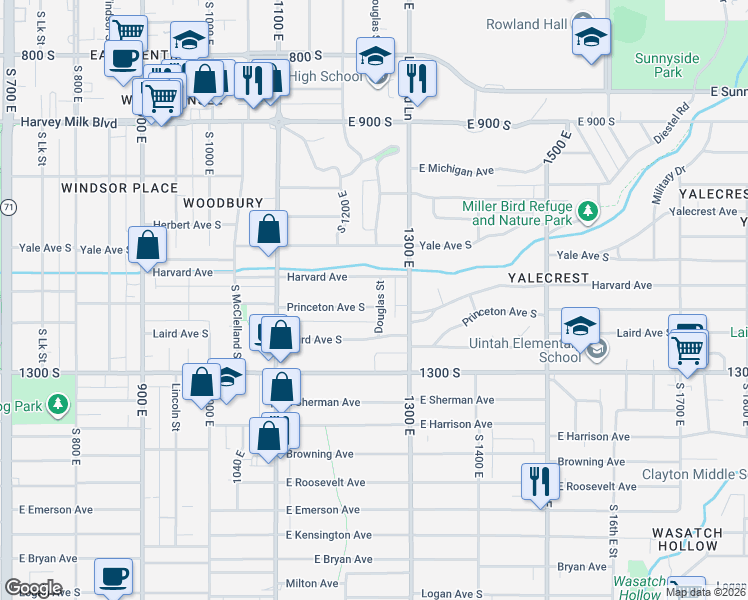 map of restaurants, bars, coffee shops, grocery stores, and more near 1121 Douglas Street in Salt Lake City