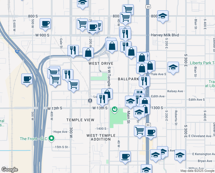 map of restaurants, bars, coffee shops, grocery stores, and more near 1120 South West Temple in Salt Lake City
