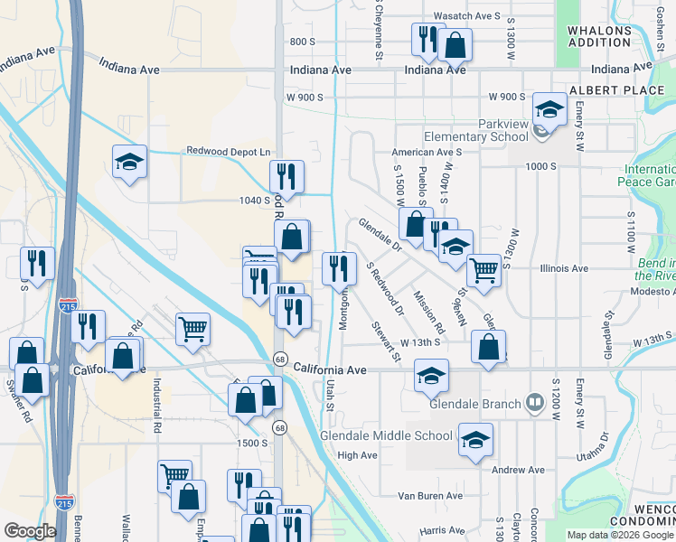map of restaurants, bars, coffee shops, grocery stores, and more near 1140 Montgomery Street West in Salt Lake City