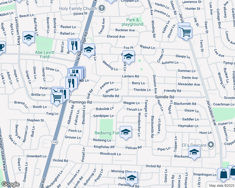 map of restaurants, bars, coffee shops, grocery stores, and more near 34 Rover Lane in Hicksville